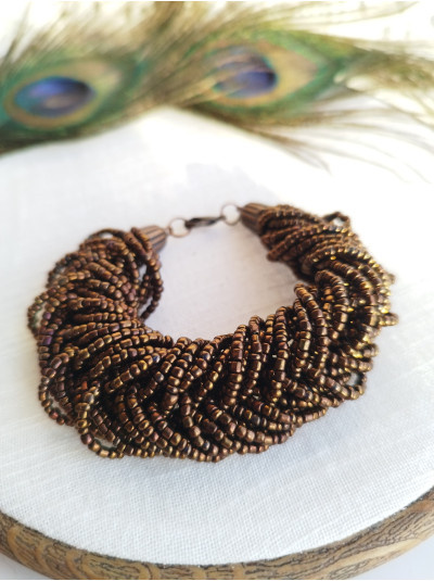 gold brown braided beaded bracelet, chunky handmade bracelet 