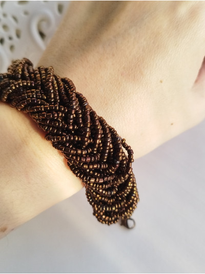gold brown braided beaded bracelet, chunky handmade bracelet 