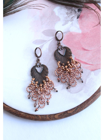 openwork brown  long beaded earrings