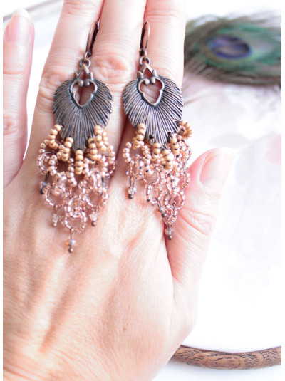 openwork brown  long beaded earrings