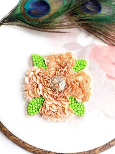 peach flower beaded embroidery brooch 