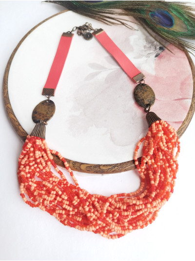 Coral orange multi strand  beaded necklace, ethnic  handmade necklace