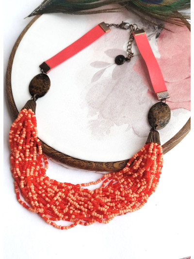Coral orange multi strand  beaded necklace, ethnic  handmade necklace