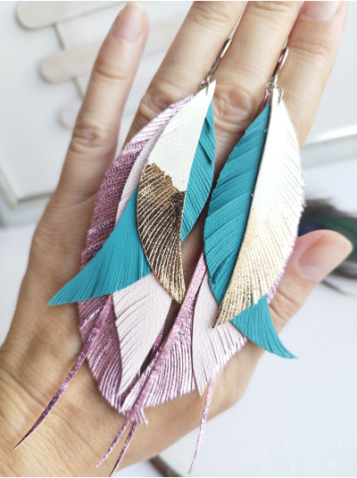 rose gold pink print leather feather earrings.  