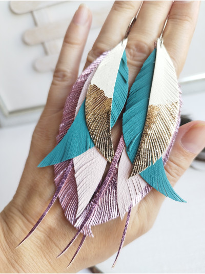 rose gold pink print leather feather earrings.  