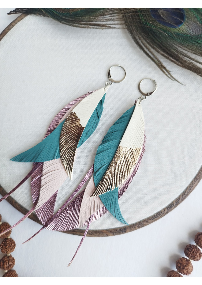 long leather feather earrings genuine leather jewelry animalprint 