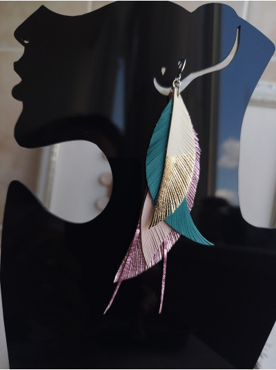 rose gold pink print leather feather earrings.  