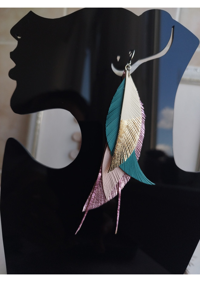 long leather feather earrings genuine leather jewelry animalprint 