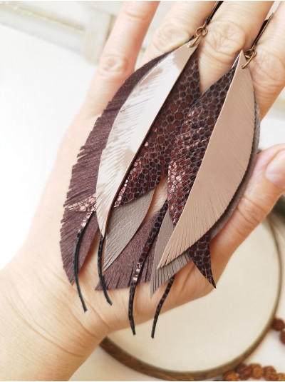 warm brown leather feather earrings.  