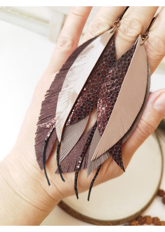 long leather feather earrings genuine leather jewelry 