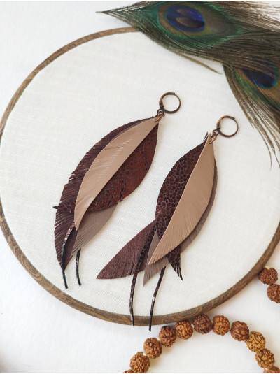 warm brown leather feather earrings.  