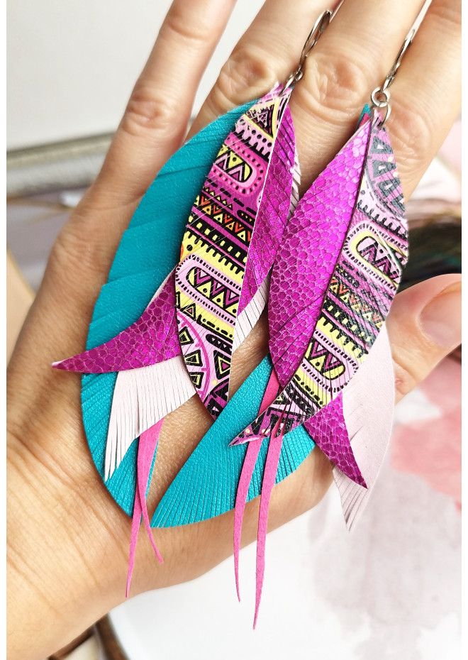long leather feather earrings genuine leather jewelry 