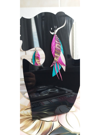 Tribal bright leather feather earrings.  