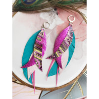 Tribal bright leather feather earrings.  