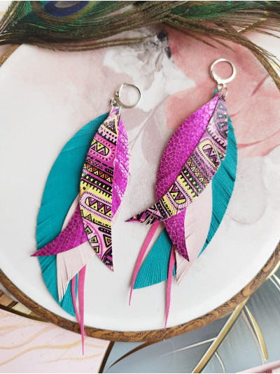 Tribal bright leather feather earrings.  