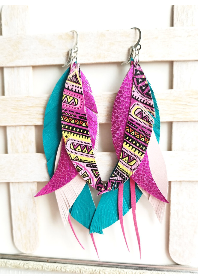 long leather feather earrings genuine leather jewelry 