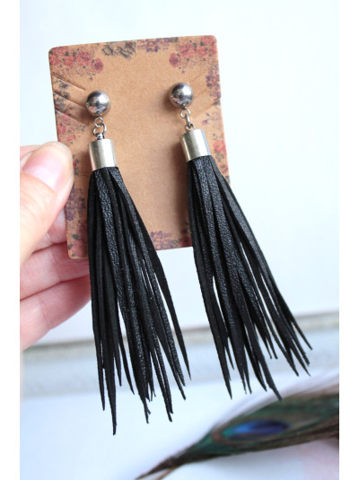 Black fringe leather earrings Dangle & Drop tassel leather Earrings