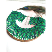 Green openwork beaded collar necklace, traditional Ukrainian beaded sylyanka.
