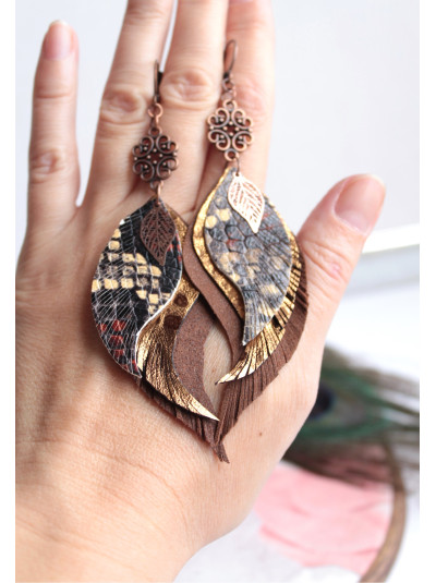 Brown Leather Feather Earrings: Long Boho Style Jewelry with connector