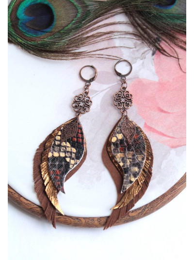 Brown Leather Feather Earrings: Long Boho Style Jewelry with connector