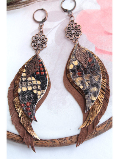 Brown Leather Feather Earrings: Long Boho Style Jewelry with connector