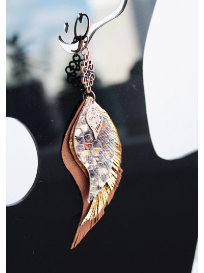 Brown Leather Feather Earrings: Long Boho Style Jewelry with connector
