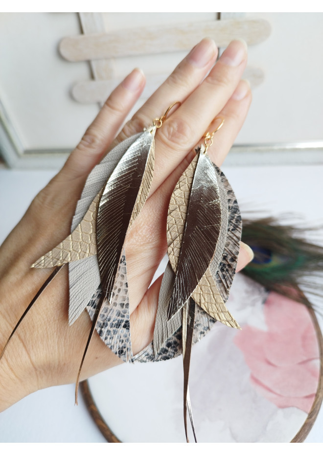 long leather feather earrings genuine leather jewelry sand gold