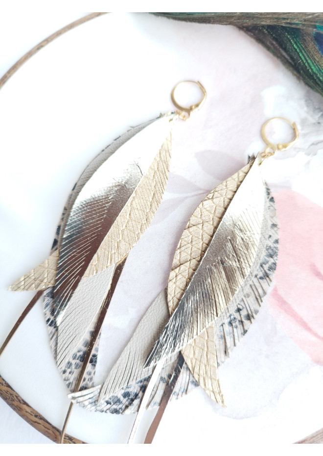 long leather feather earrings genuine leather jewelry sand gold