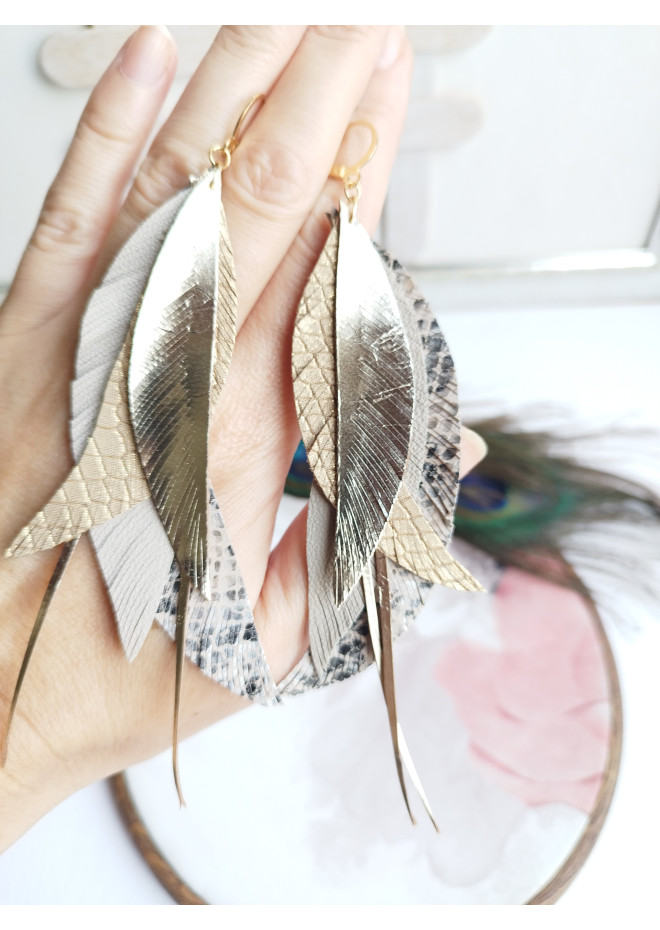 long leather feather earrings genuine leather jewelry sand gold