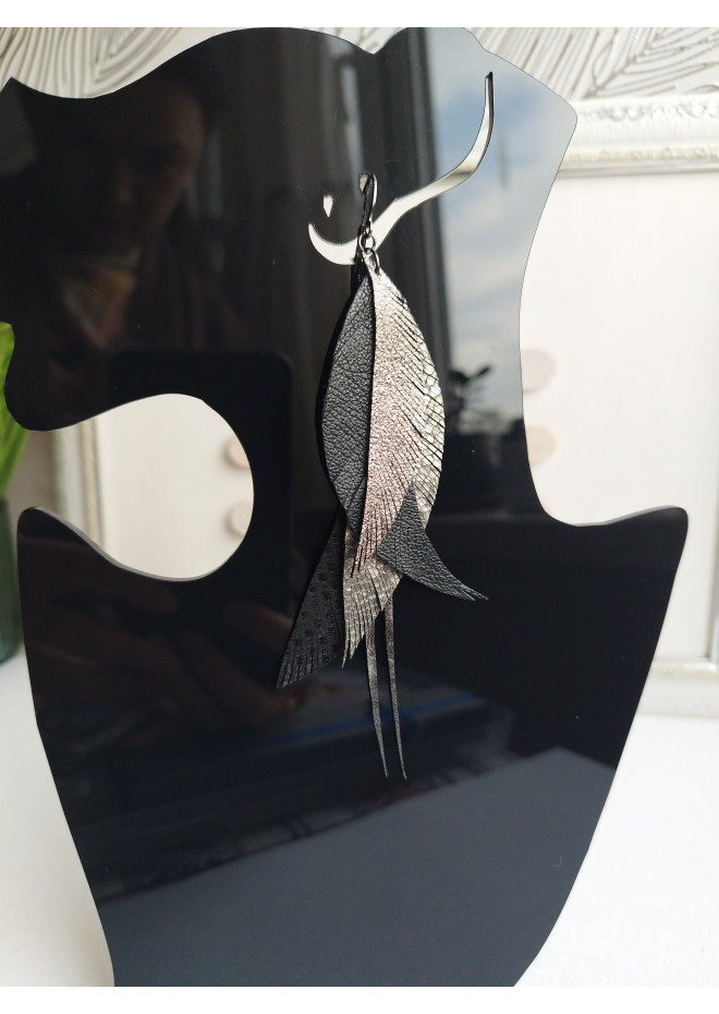 leather feather earrings long  gray handmade jewelry