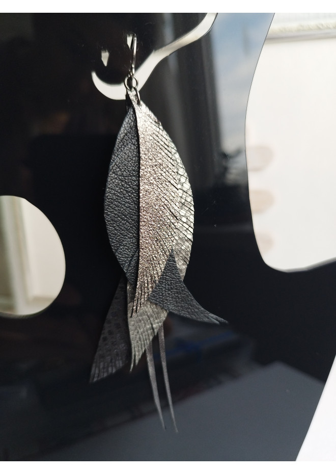 leather feather earrings long  gray handmade jewelry