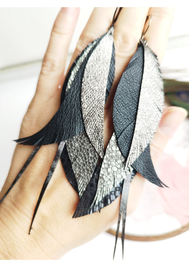 leather feather earrings long  gray handmade jewelry