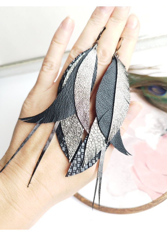 leather feather earrings long  gray handmade jewelry