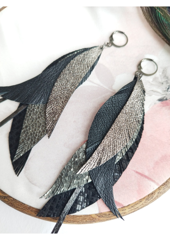 leather feather earrings long  gray handmade jewelry