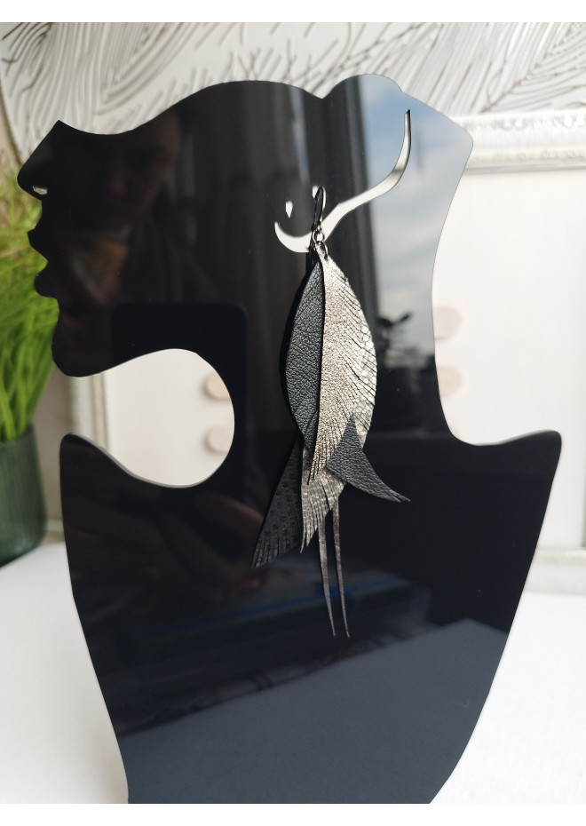 leather feather earrings long  gray handmade jewelry
