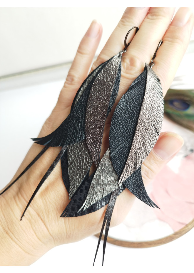 leather feather earrings long  gray handmade jewelry