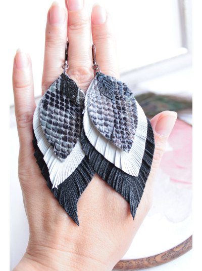 Gray snake print leather feather earrings handmade genuine leather jewelry 