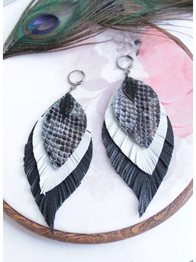 Gray snake print leather feather earrings handmade genuine leather jewelry 