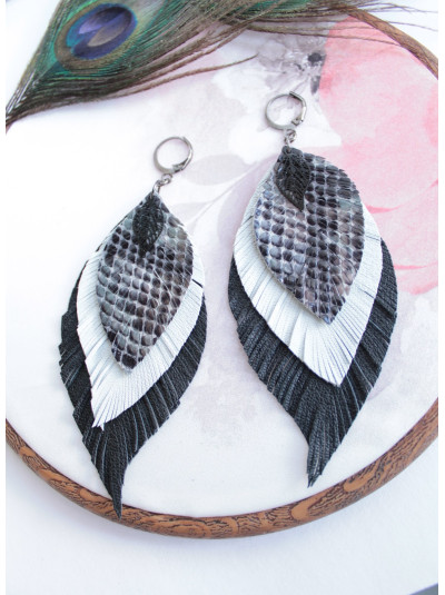 Gray snake print leather feather earrings handmade genuine leather jewelry 