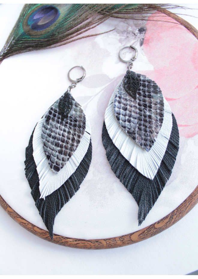gray shades leather feather earrings genuine leather jewelry 