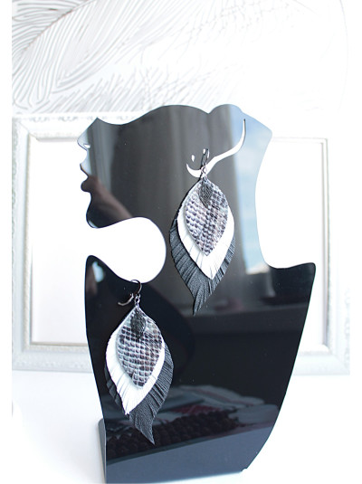 Gray snake print leather feather earrings handmade genuine leather jewelry 