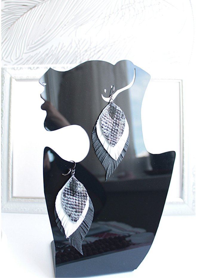 gray shades leather feather earrings genuine leather jewelry 