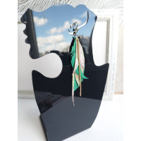 Green flower print gold leather feather earrings.  