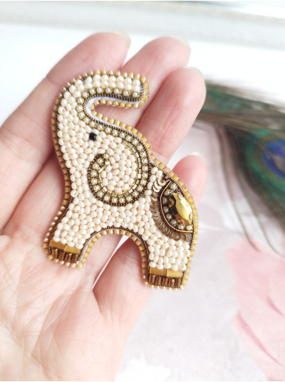 Little elephant  beige beaded embroidery brooch 