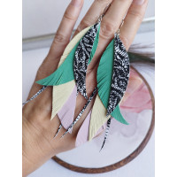 Green yellow feathers earrings genuine leather jewelry 