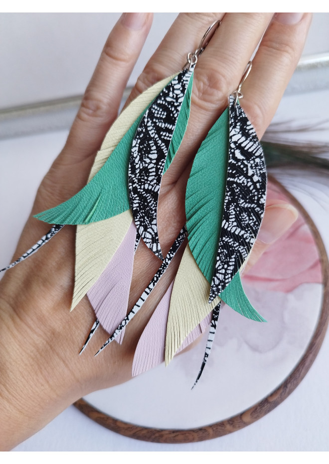 long leather feather earrings genuine leather jewelry lace print
