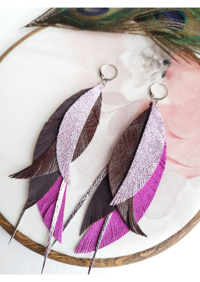  dark purple leather feather earrings long genuine leather jewelry 