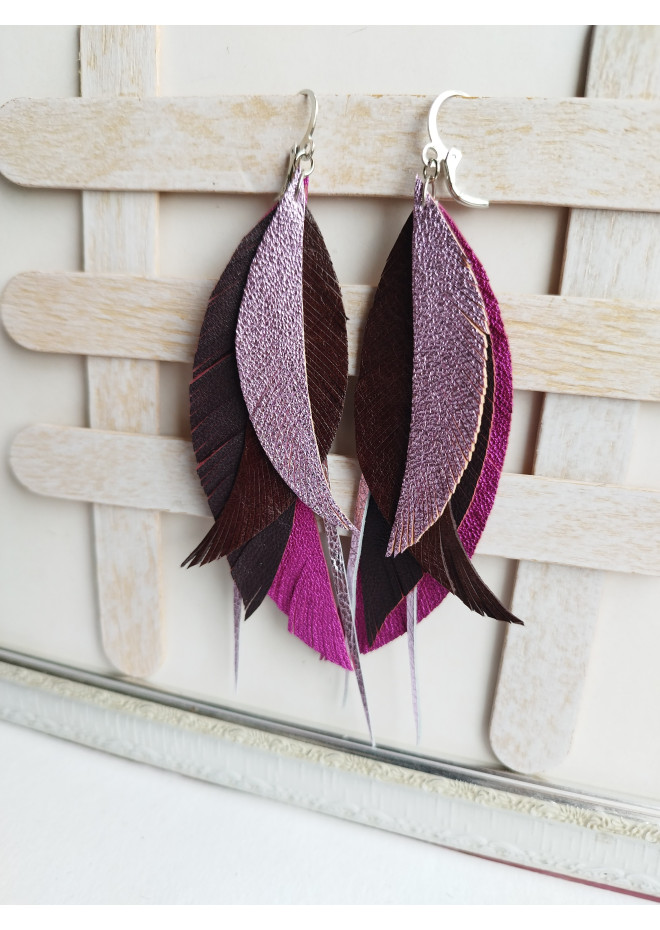  dark purple leather feather earrings long genuine leather jewelry 