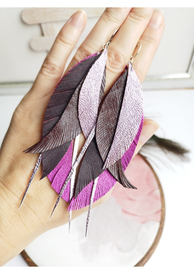  dark purple leather feather earrings long genuine leather jewelry 