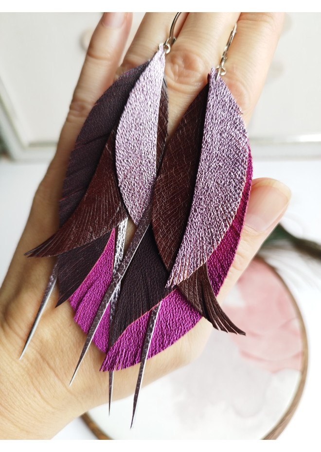  dark purple leather feather earrings long genuine leather jewelry 